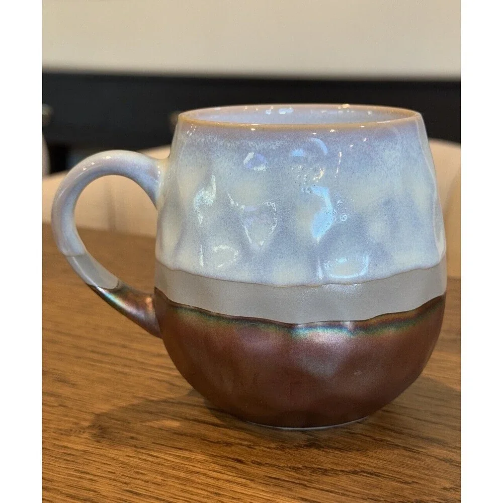 Roscher Set Of 4 Iridescent Metallic Hammered Blue/Brown Stoneware Coffee Mugs - Picture 2 of 7